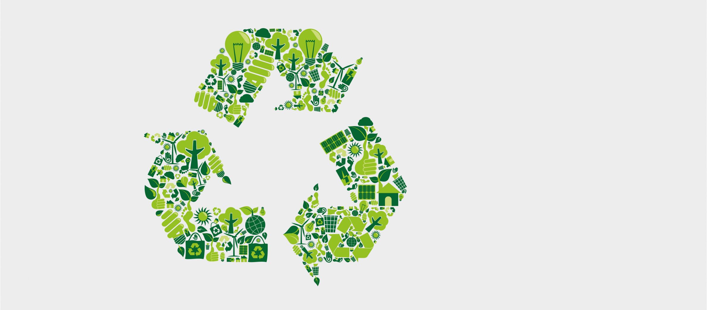 Grünes Recycling-Symbol als Illustration bestehend aus Symbole, die Nachhaltigkeit und biologischer Fußabdruck bedeuten.